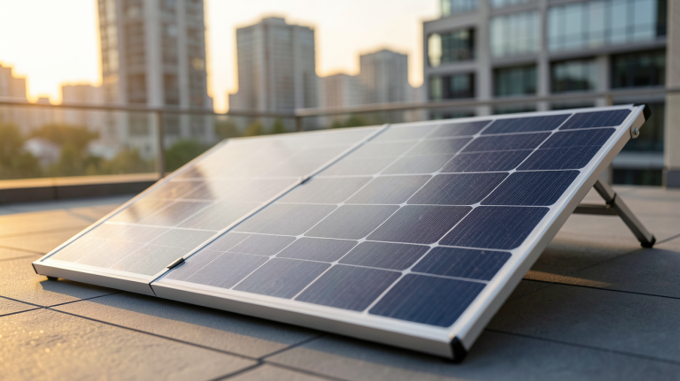 panneau solaire enroulable déployé sur une terrasse urbaine moderne au coucher de soleil