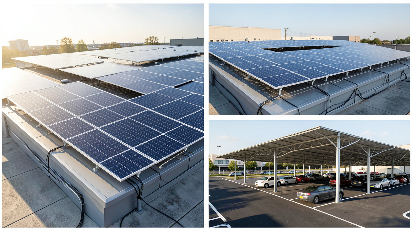 panneau solaire entreprise montrant différentes configurations d'installation sur un toit d'entreprise