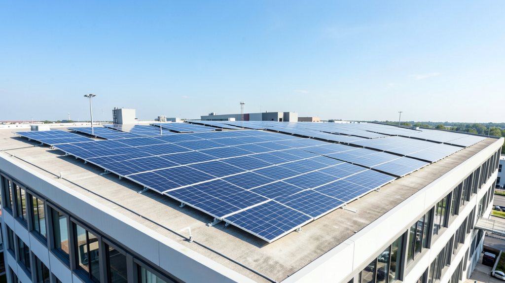 panneau solaire entreprise installé sur le toit d'un bâtiment industriel moderne
