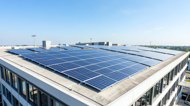 panneau solaire entreprise installé sur le toit d'un bâtiment industriel moderne