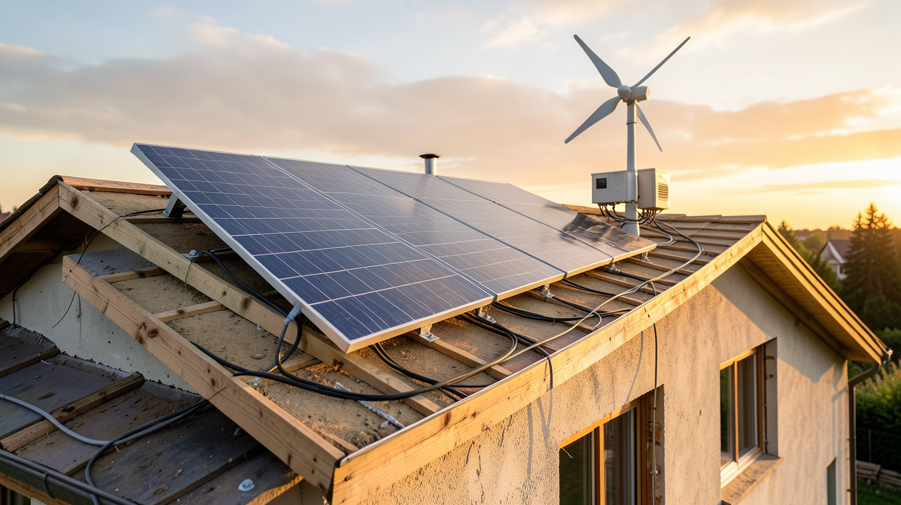 panneau solaire eolienne installation hybride réussie en rénovation résidentielle avec lumière naturelle