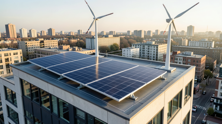 panneau solaire eolienne installés sur le toit d'un immeuble urbain moderne