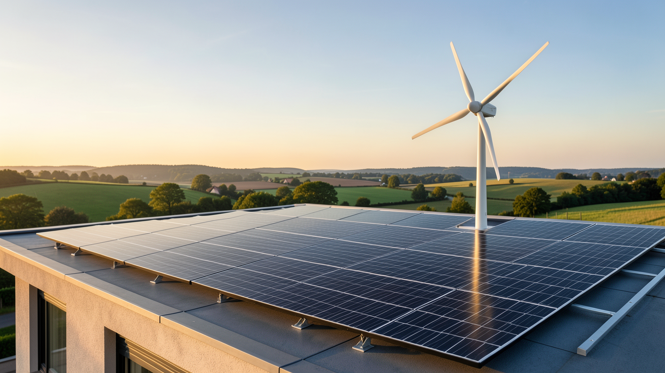 panneau solaire eolienne système hybride installé sur le toit d'une maison moderne