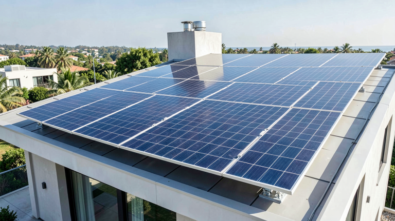 panneau solaire est ce rentable installé sur le toit d'une maison contemporaine, sous un ciel dégagé et baigné de lumière naturelle