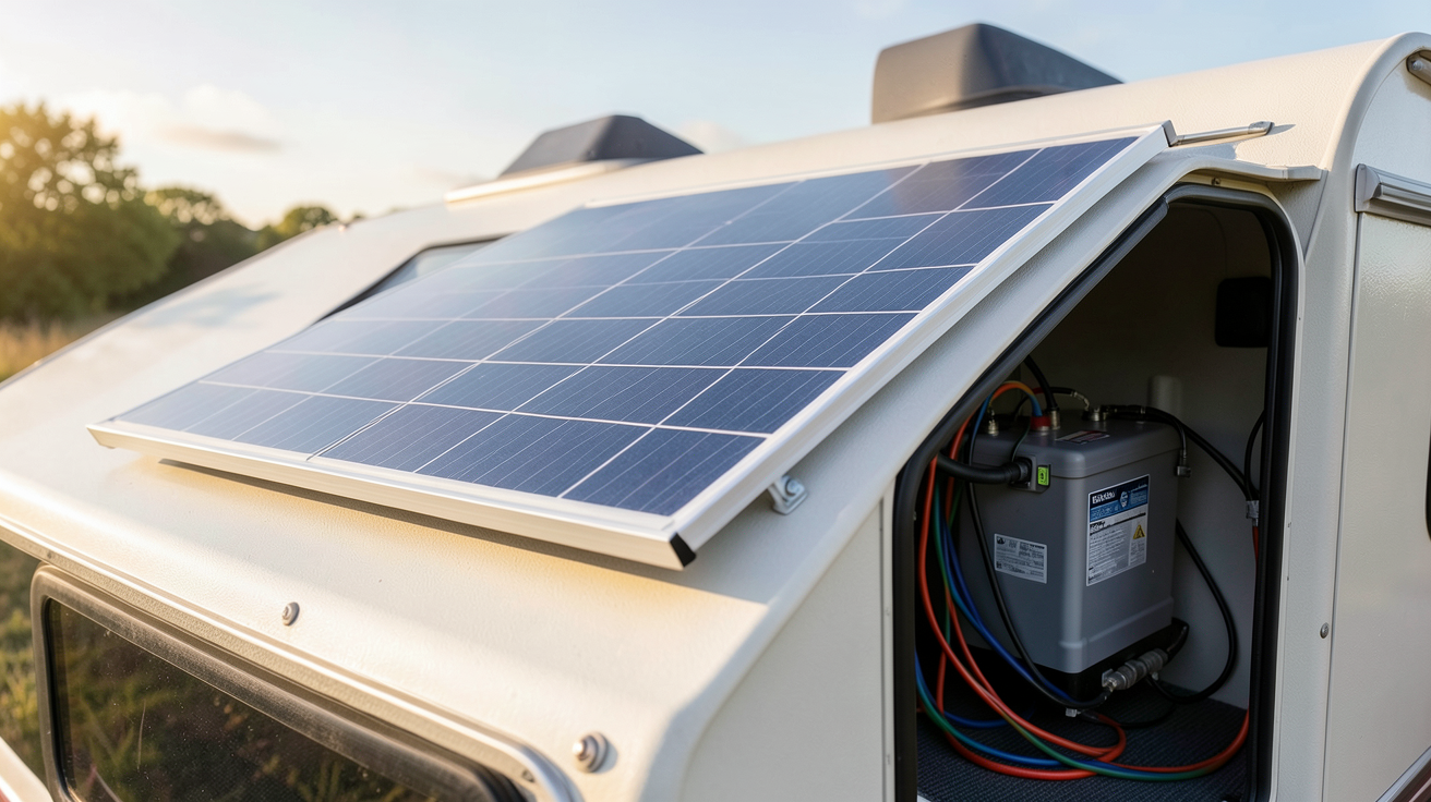 panneau solaire et batterie 12V installés sur un camping-car pour un système autonome d'alimentation électrique