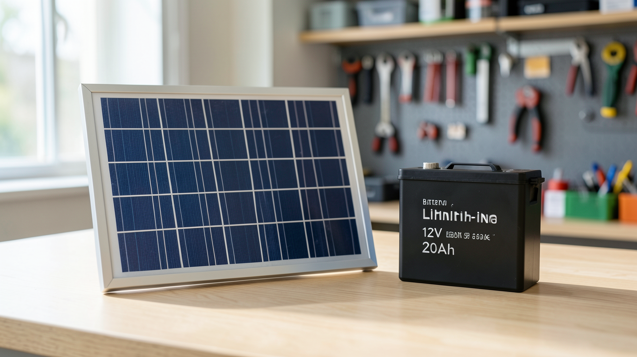 panneau solaire et batterie 12v posés sur une table en bois clair pour le choix d'équipement solaire
