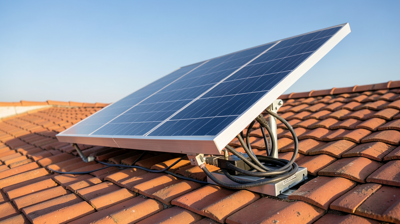 panneau solaire et batterie 12V lors des étapes d'installation sur un toit
