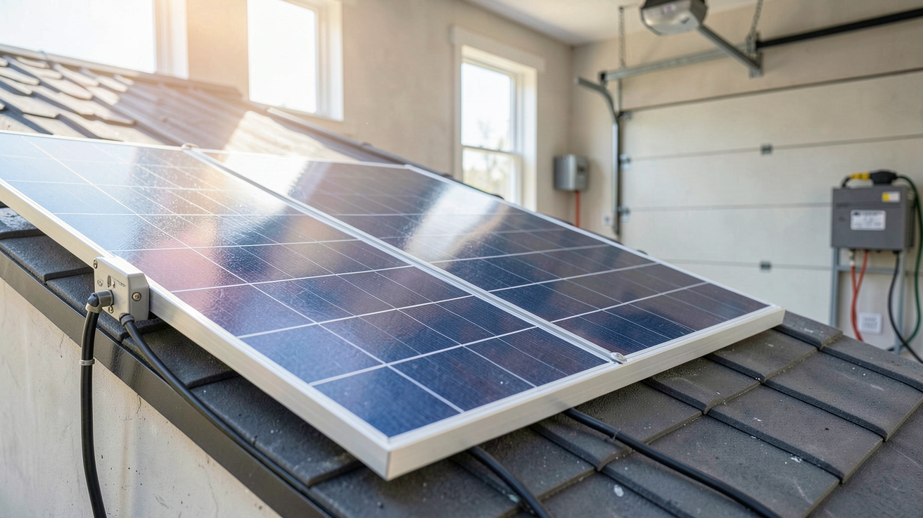 panneau solaire et batterie de stockage lithium-ion de 10 kWh installés sur un toit et dans un garage