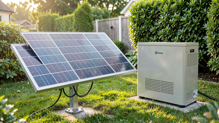 panneau solaire et batterie de stockage lithium-ion installés dans un jardin résidentiel