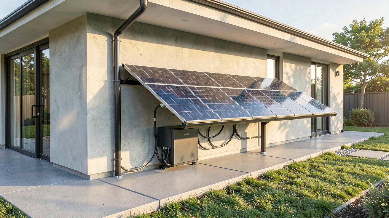 panneau solaire et batterie installés à l'arrière d'une maison moderne avec câbles et boîtier de gestion