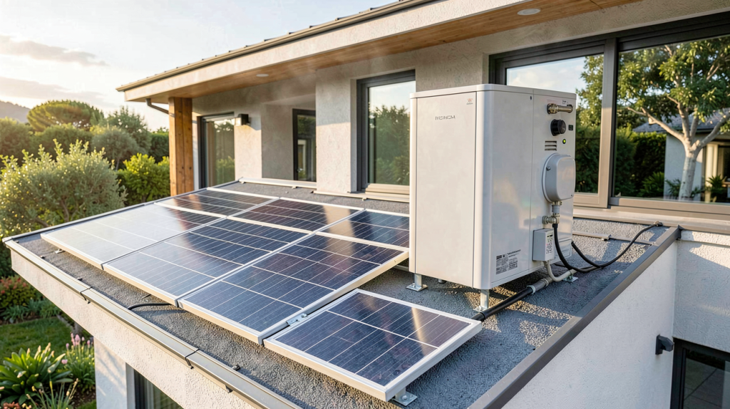 panneau solaire et batterie de stockage d'énergie installés sur le toit d'une maison écologique