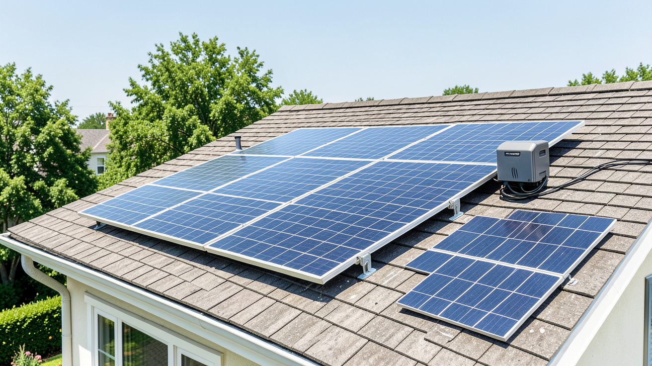 panneau solaire et batterie pour maison installé sur le toit d'une résidence