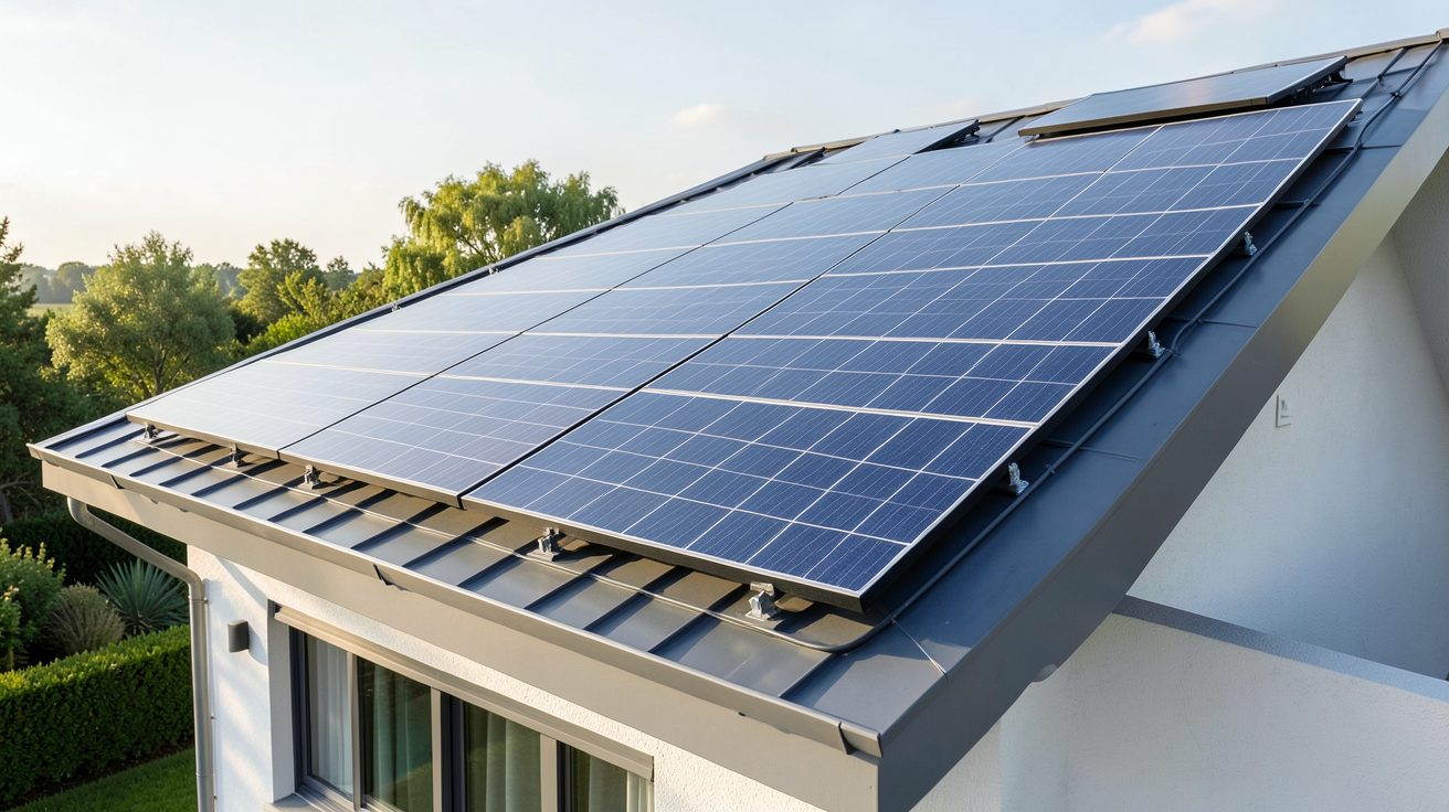 panneau solaire et batterie pour maison installée sur le toit d'une maison contemporaine