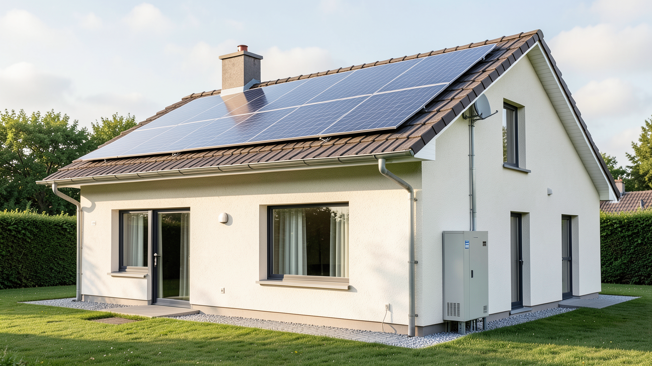 panneau solaire et batterie pour maison installée sur le toit d'une résidence familiale avec lumière naturelle
