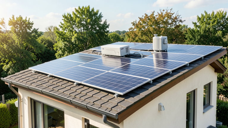panneau solaire et batterie pour maison installés sur le toit d'une résidence