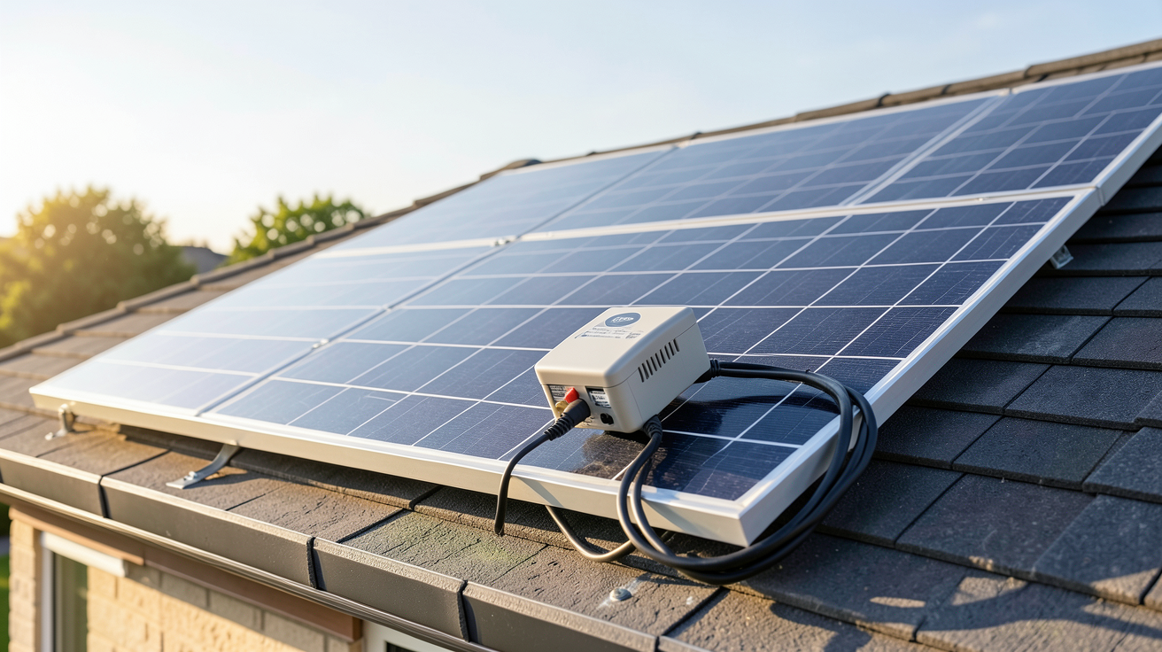 panneau solaire et micro onduleur installés sur un toit de maison avec câbles et boîtier technique