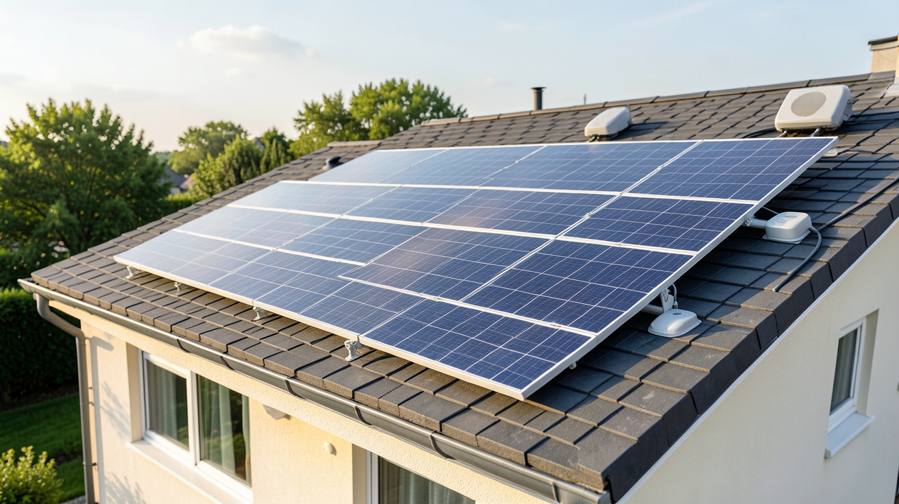 panneau solaire et micro onduleur d'un kit solaire installé sur le toit d'une maison