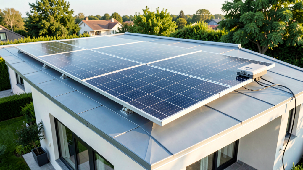 panneau solaire et onduleur installés sur le toit d'une maison moderne