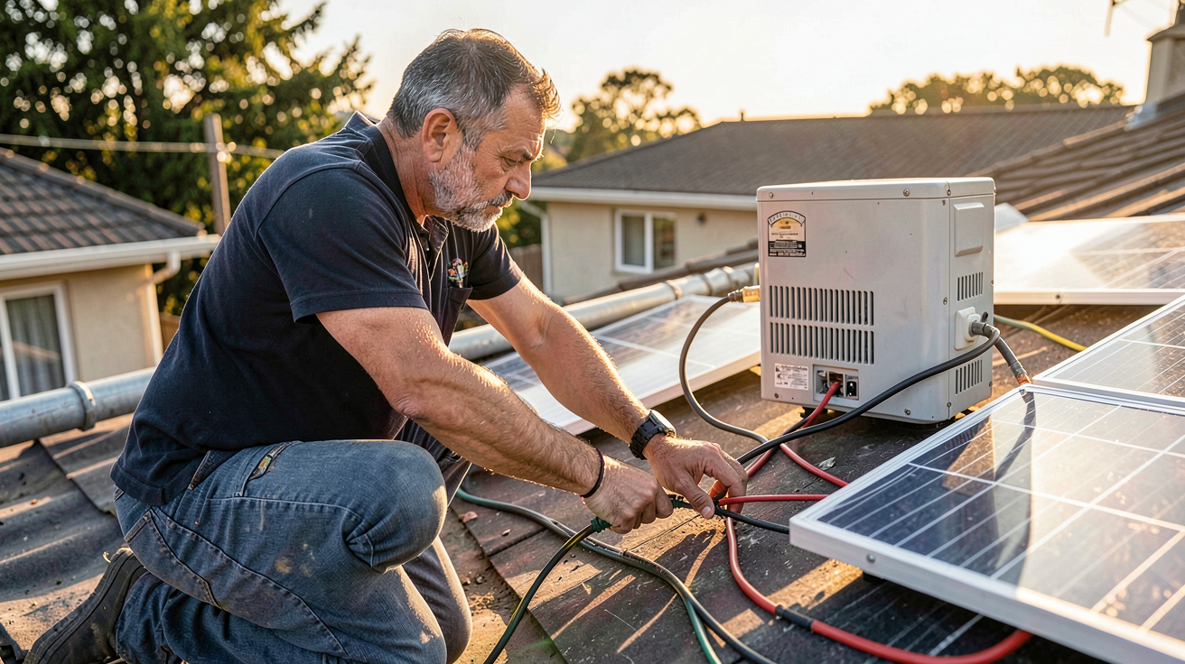 panneau solaire et onduleur lors de l'installation et mise en service sur un toit