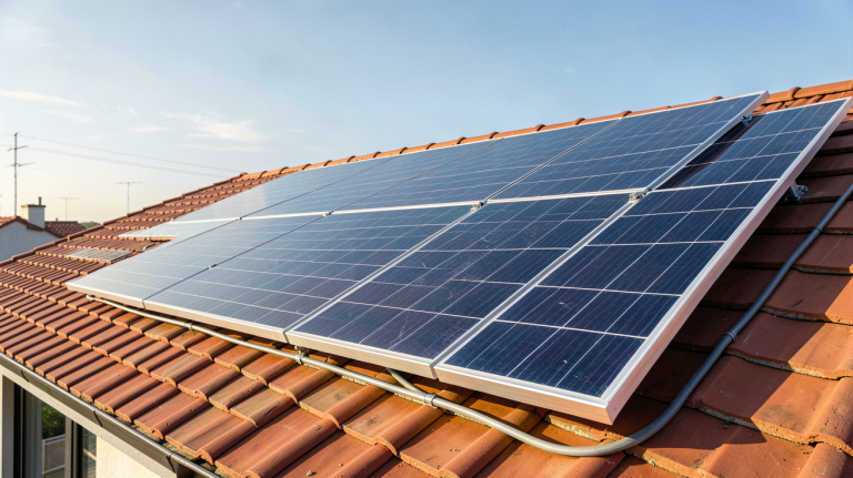 panneau solaire et photovoltaïque installé sur le toit d'une maison moderne