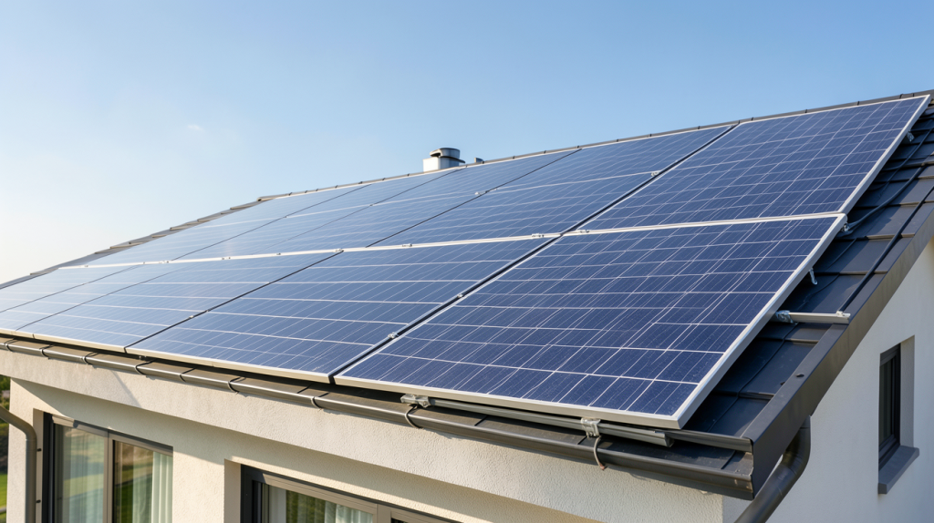 panneau solaire et panneau photovoltaique installés sur le toit d'une maison écologique