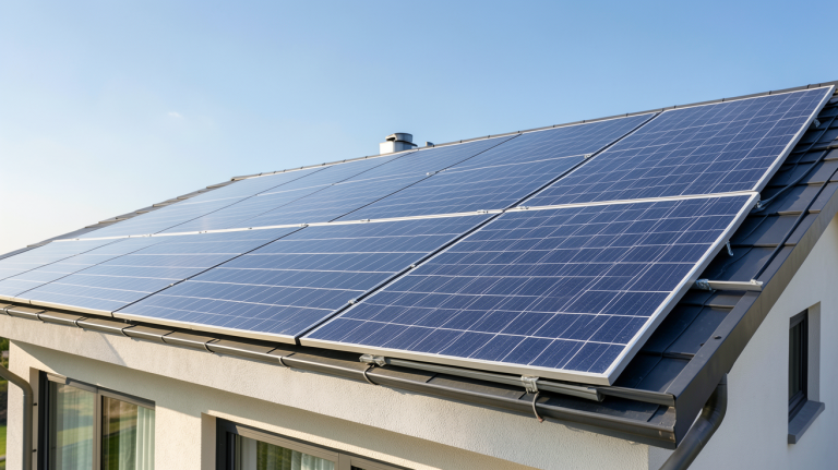 panneau solaire et panneau photovoltaique installés sur le toit d'une maison écologique