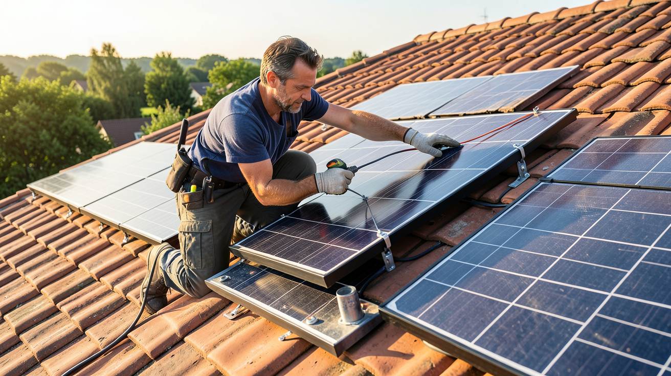 panneau solaire en cours d'installation sur le toit d'une maison avec un professionnel en action