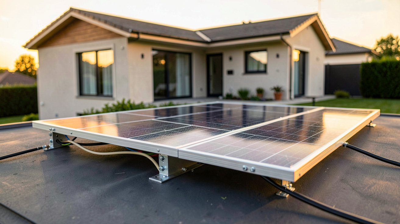 panneau solaire photovoltaïque installé sur le toit d'une maison individuelle illustrant la prime à l'autoconsommation 2026