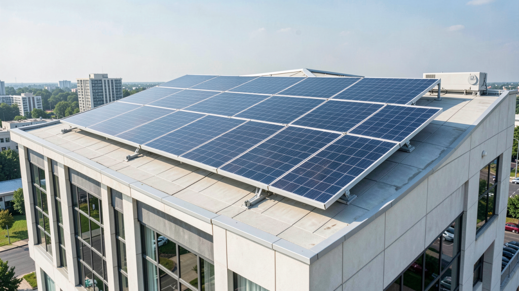panneau solaire etat installé sur le toit d'un bâtiment administratif moderne, démontrant l'utilisation d'énergie renouvelable