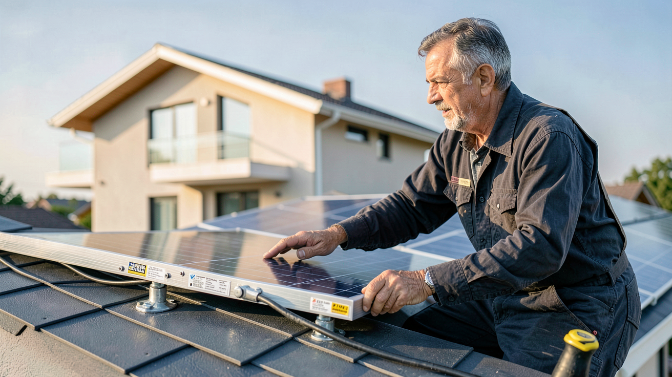 panneau solaire installé sur un toit avec un installateur professionnel, illustrant l'éligibilité à la TVA réduite à 5,5% en 2026