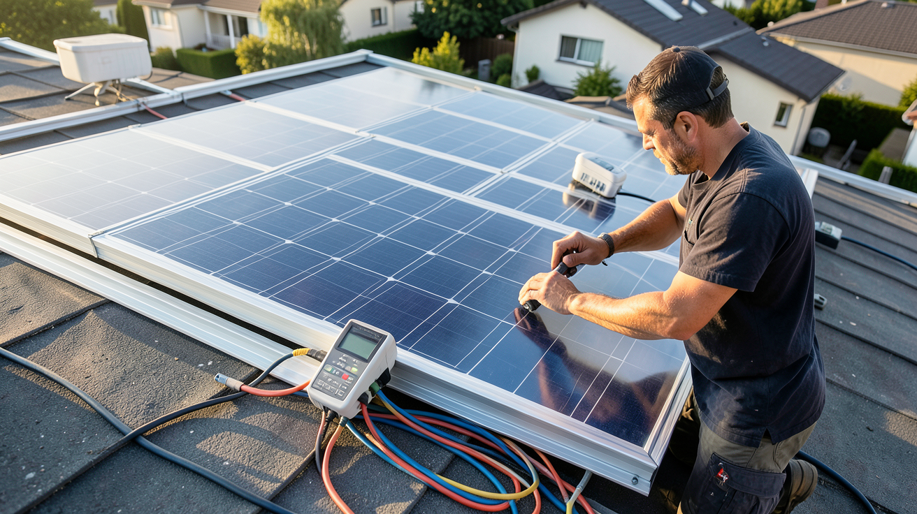 panneau solaire ETFE en cours d'installation sur un toit résidentiel avec fixation et câblage