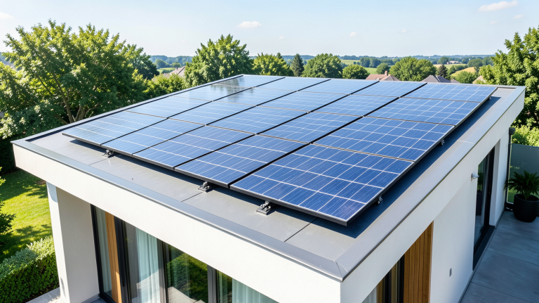 panneau solaire etfe installé sur un toit de maison moderne sous une lumière naturelle