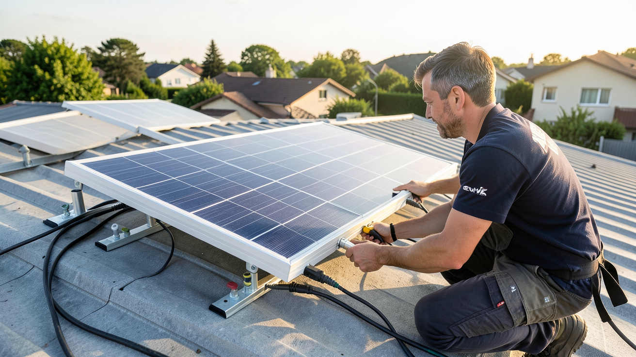 panneau solaire Ezviz installation étape par étape avec technicien sur un toit résidentiel