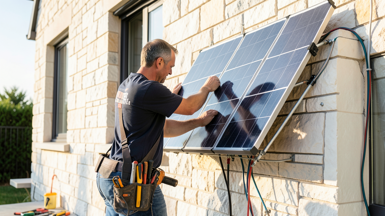 panneau solaire façade installation étapes clés : installateur professionnel fixant des panneaux solaires sur une maison moderne