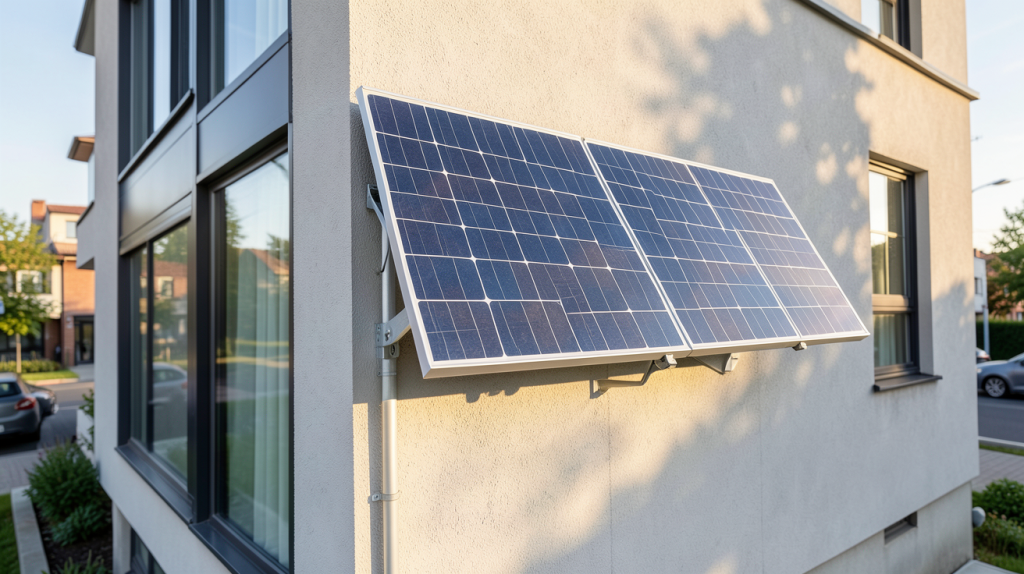 panneau solaire installé en façade d'une maison contemporaine avec une lumière naturelle du matin