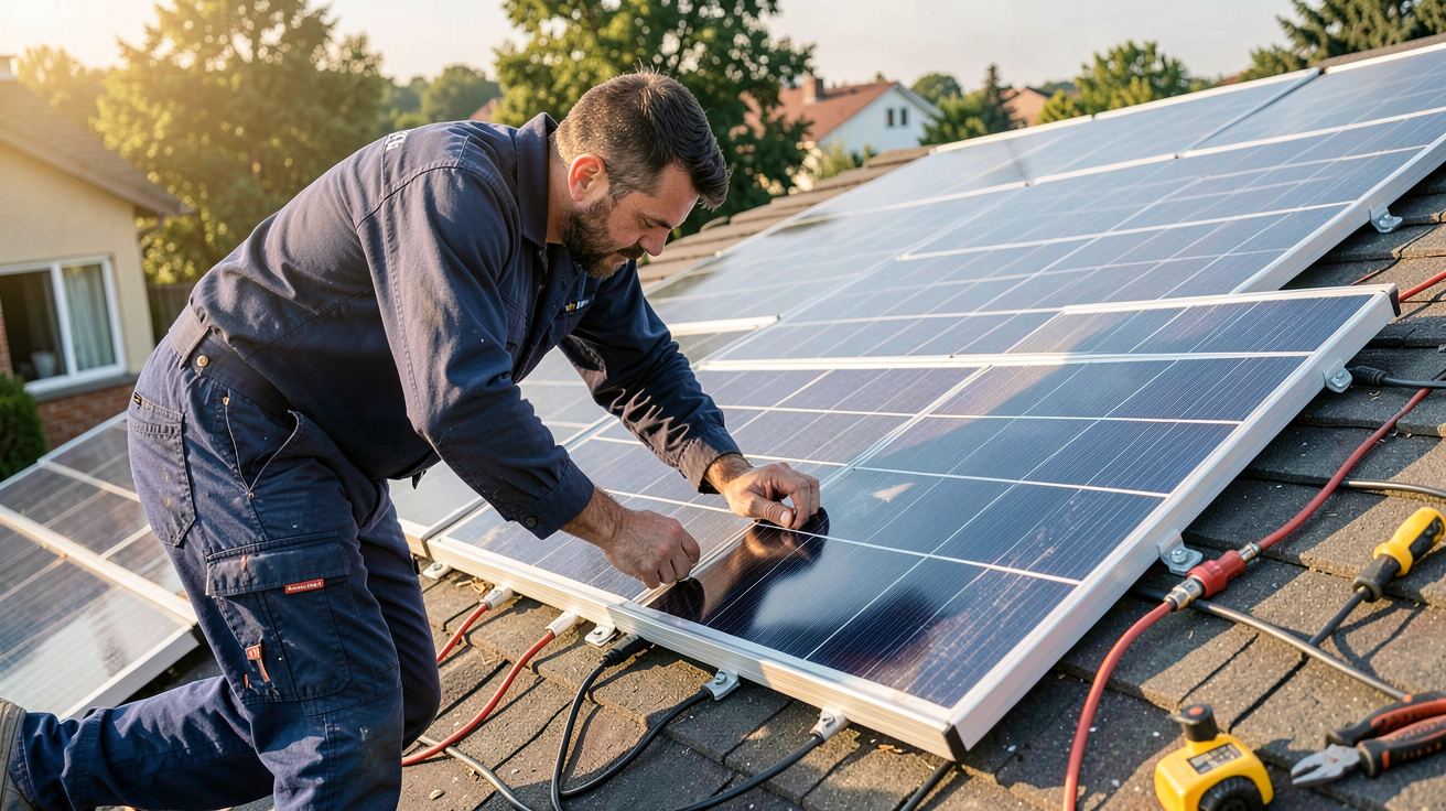 panneau solaire facile à installer sur un toit résidentiel avec un installateur en train de fixer les supports