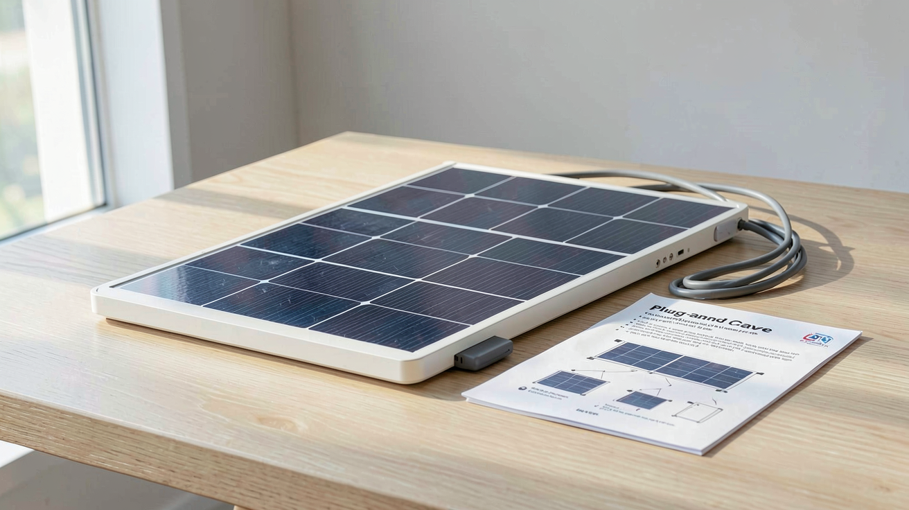 panneau solaire facile à installer avec un kit plug-and-play posé sur une table en bois
