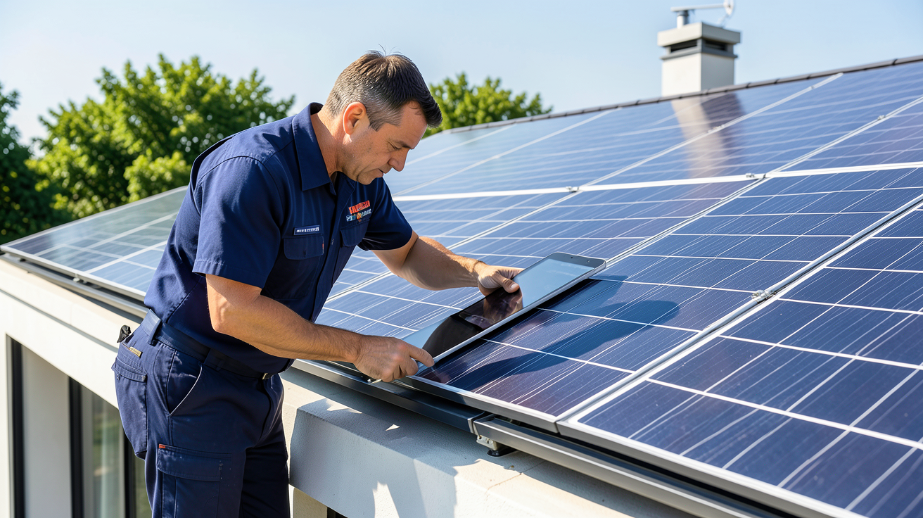 panneau solaire financé par l état installé sur un toit avec un installateur professionnel effectuant un contrôle technique
