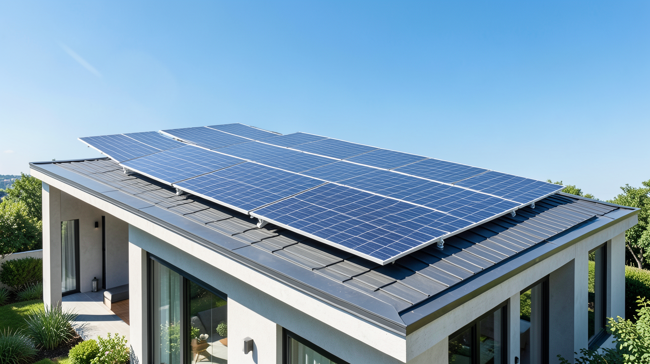 panneau solaire financé par l état installé sur le toit d'une résidence moderne sous un soleil radieux