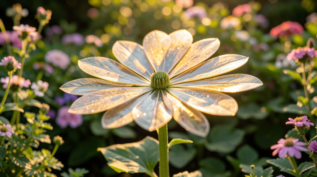 panneau solaire fleur décoratif installé dans un jardin verdoyant sous le soleil