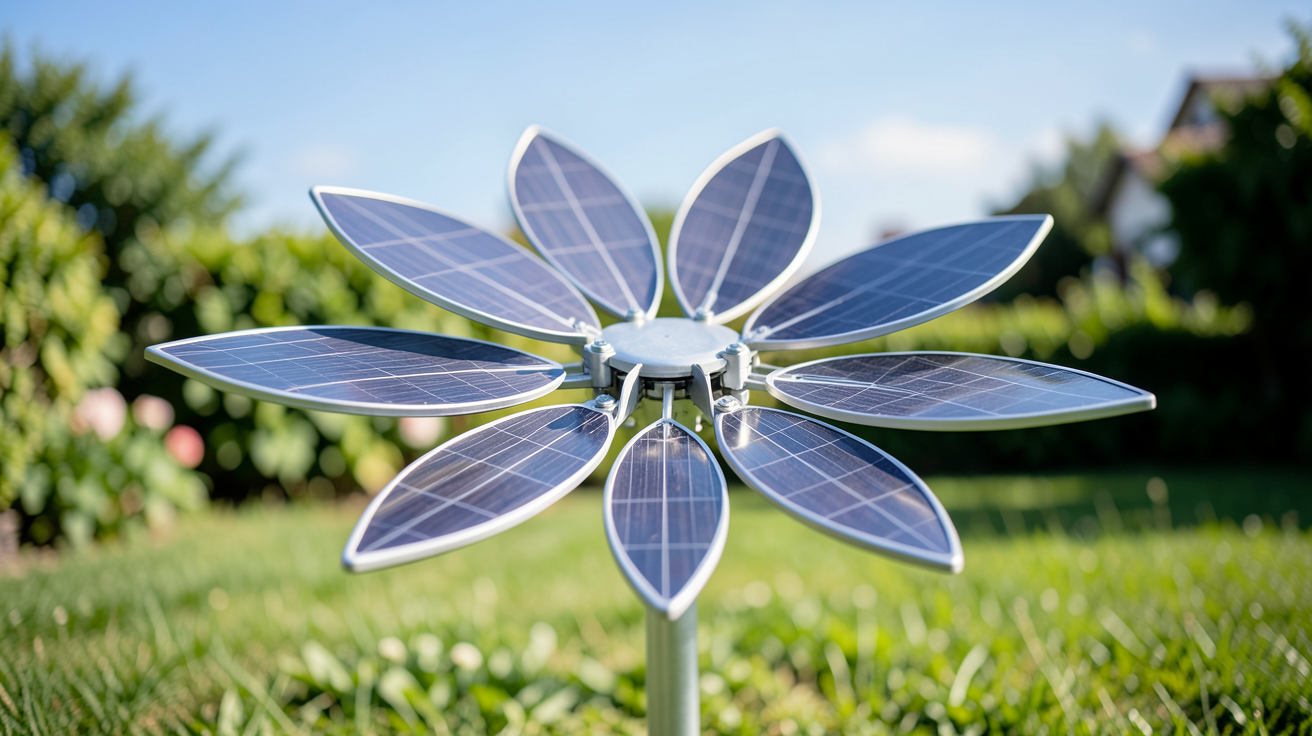 panneau solaire fleur Smartflower déployé dans un jardin avec ses pétales photovoltaïques ouverts