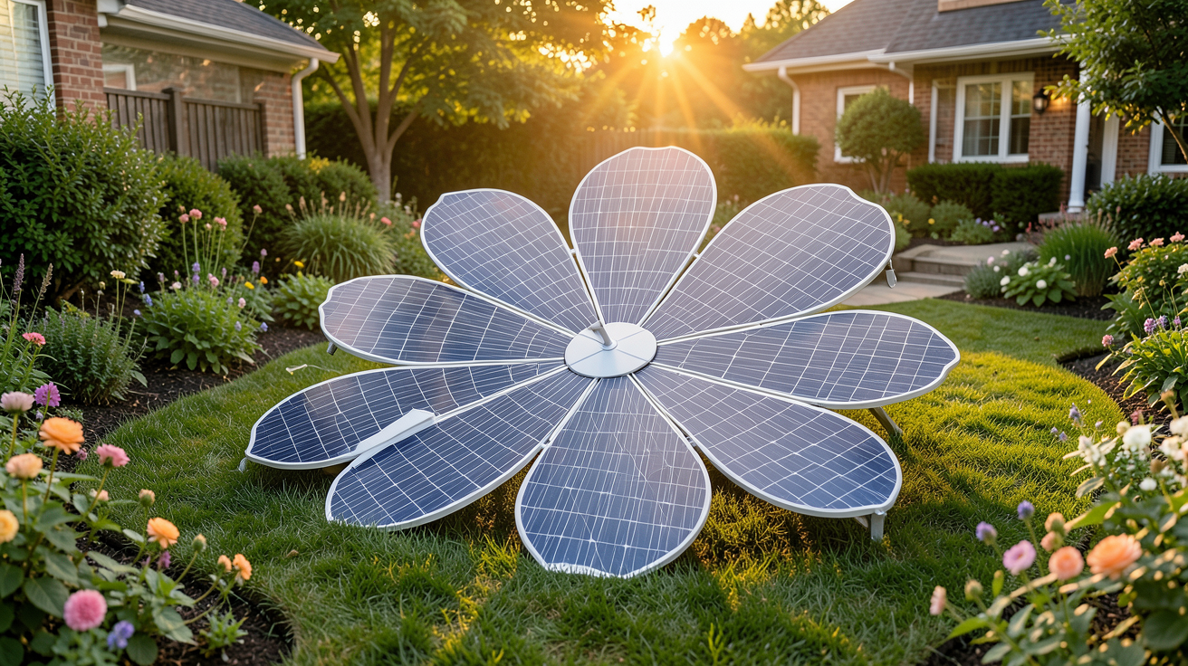 panneau solaire fleur Smartflower déployé dans un jardin résidentiel avec installation visible