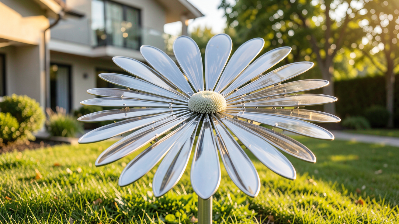 panneau solaire fleur Smartflower déployé dans un jardin avec une maison moderne en arrière-plan