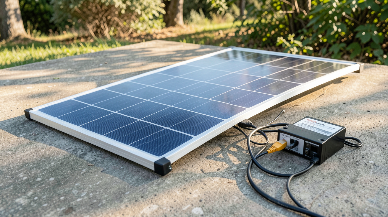 panneau solaire flexible 100W connecté à un régulateur de charge et une batterie lithium-ion en extérieur