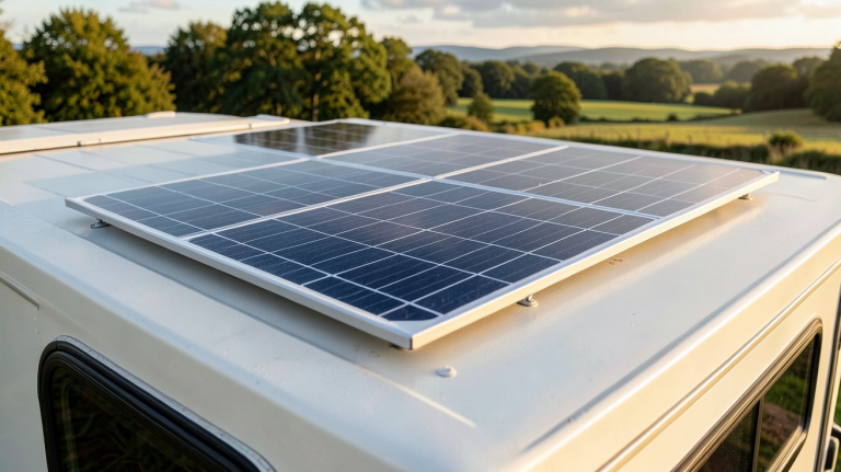panneau solaire flexible 100w installé sur le toit d'un camping-car en lumière naturelle