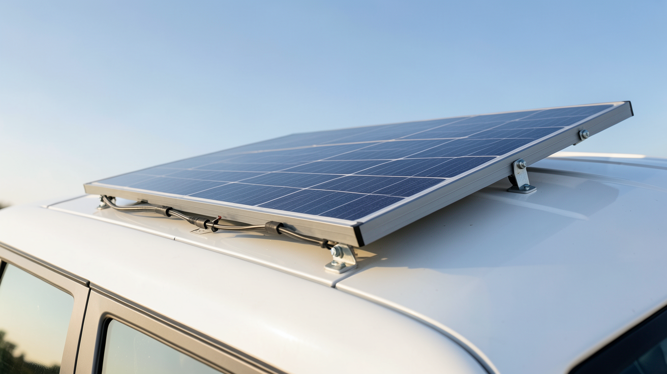 panneau solaire flexible 100W installé sur le toit d'un van aménagé avec des fixations adaptées