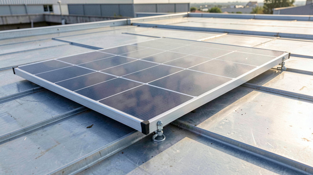 panneau solaire flexible 200W installé sur un toit métallique plat avec vue des cellules photovoltaïques souples
