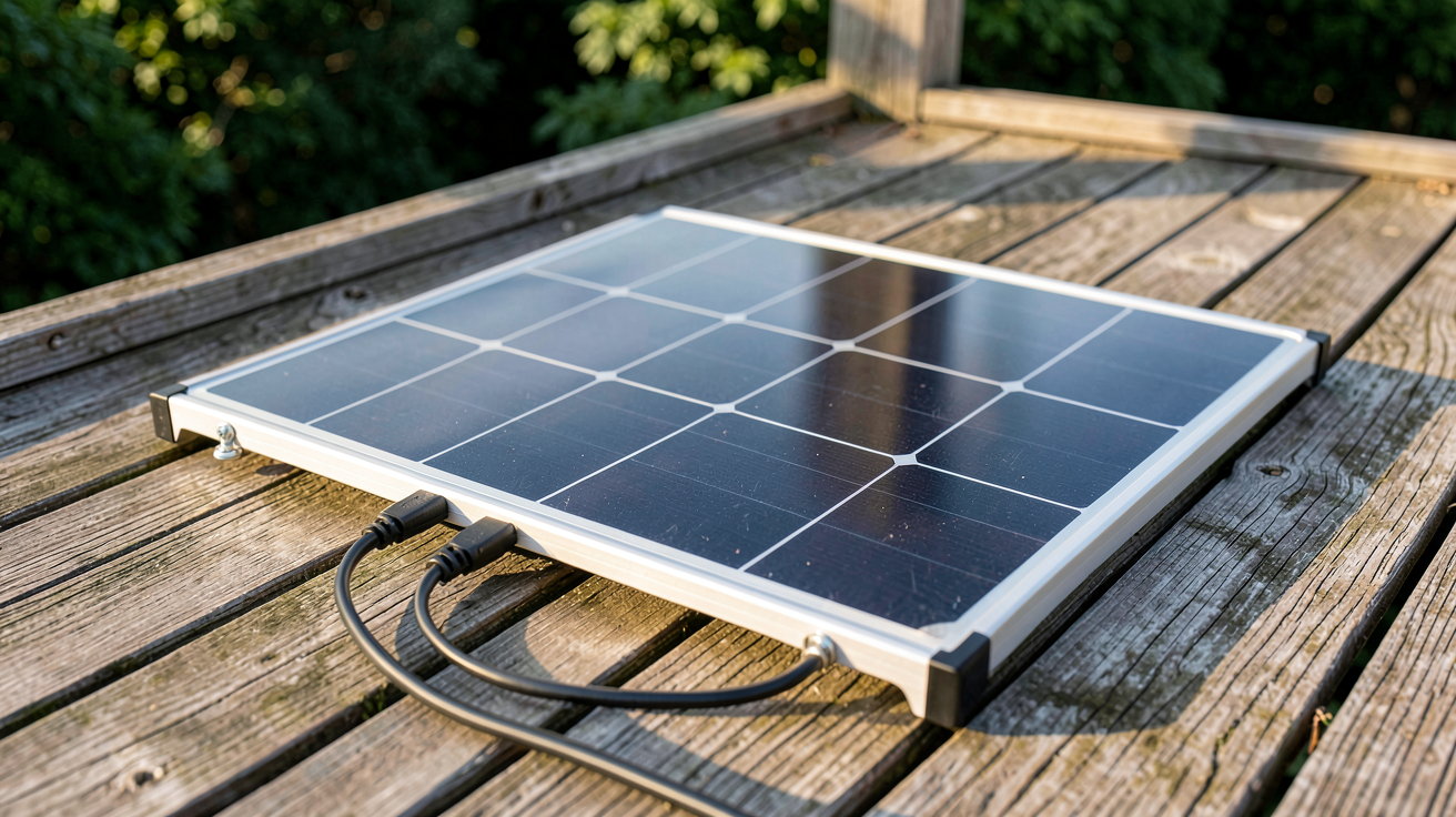 panneau solaire flexible 200W installé sur une terrasse en bois avec des attaches discrètes
