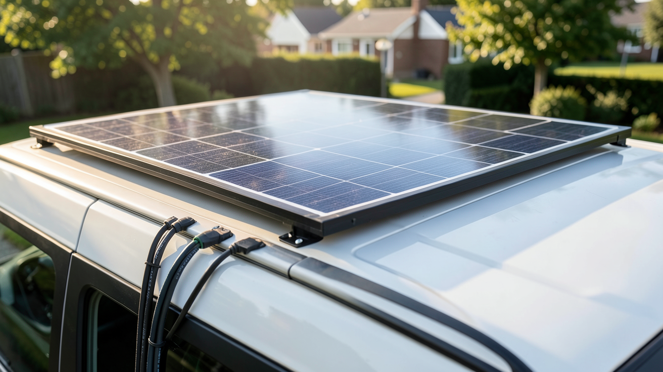 panneau solaire flexible 300W installé sur le toit d'un van aménagé avec des fixations étanches