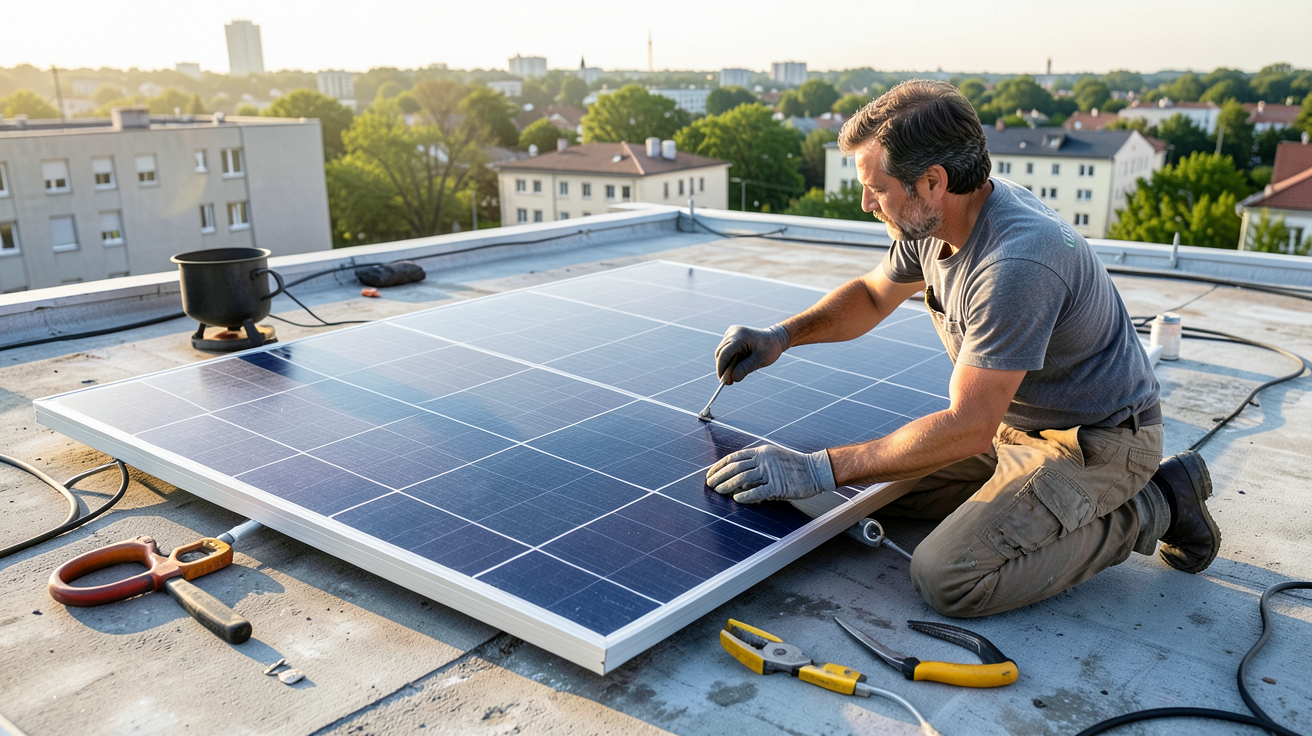 panneau solaire flexible en cours d'installation sur un toit plat par un professionnel
